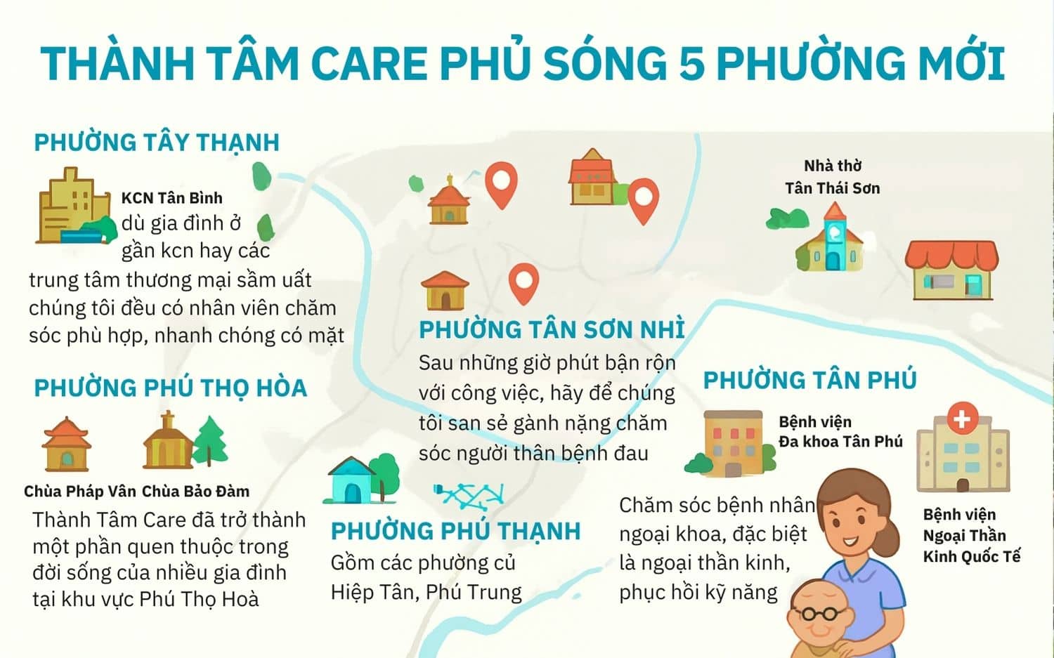 Thành Tâm Care phủ sóng 5 phường mới Tân Phú hậu sáp nhập